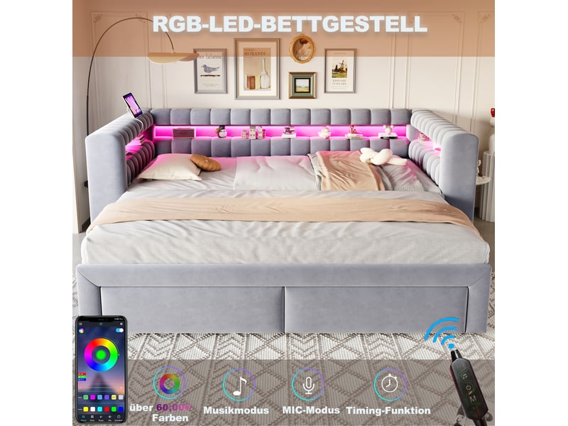  Lit gigogne 90x190 cm avec tiroirs, led, mdf gris clair sans matelas  - Conforama D