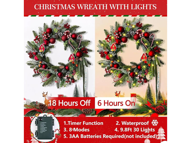  Couronne de noël lumineuse 55 cm, guirlande verte avec cannes en sucre, pommes de pin, baies et nœuds  - Conforama E