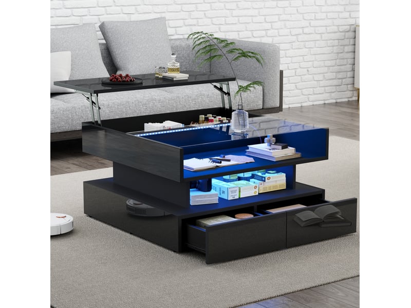  Table basse relevable avec 2 tiroirs, rangement dissimulé et led pour salon, 80 × 80 × 45 cm  - Conforama C
