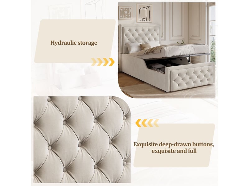 Lit enfant 90 x 200 cm lit rembourré fonction hydraulique grand rangement tête de lit tête de lit rembourrée velours beige  - Conforama E