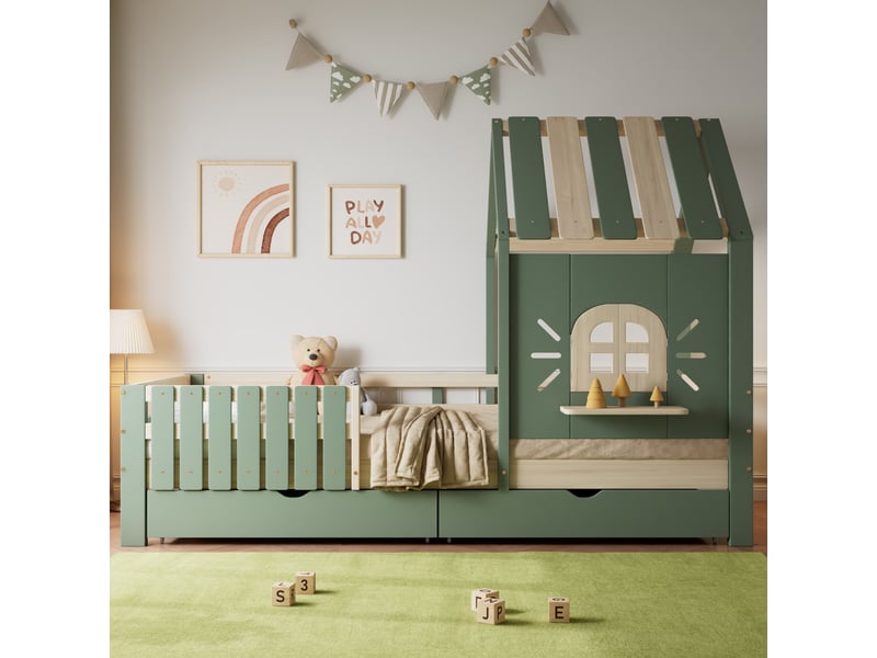  Lit cabane enfant 90x200 cm avec toit et 2 tiroirs de rangement, lit maison avec garde-corps, en pin et mdf, vert et naturel  - Conforama C