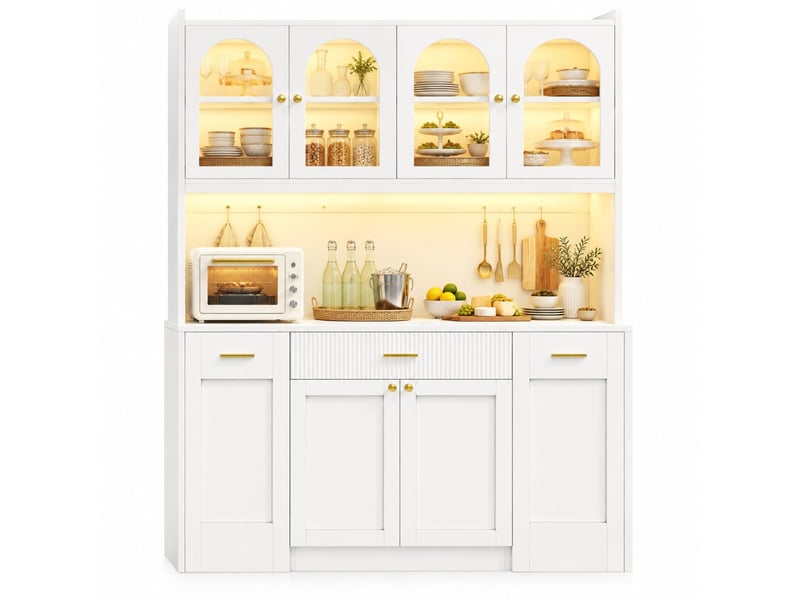  Buffet de cuisine haut avec 3 vitrines, tiroirs, portes et led rgb pour cuisine en mdf 120×40×187 cm blanc  - Conforama A