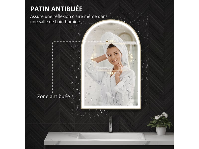 Miroir de salle de bain led 90 x 60cm, mural, 3 couleurs, arqué cadre en aluminium, désembuage et interrupteur tactile - Conforama E