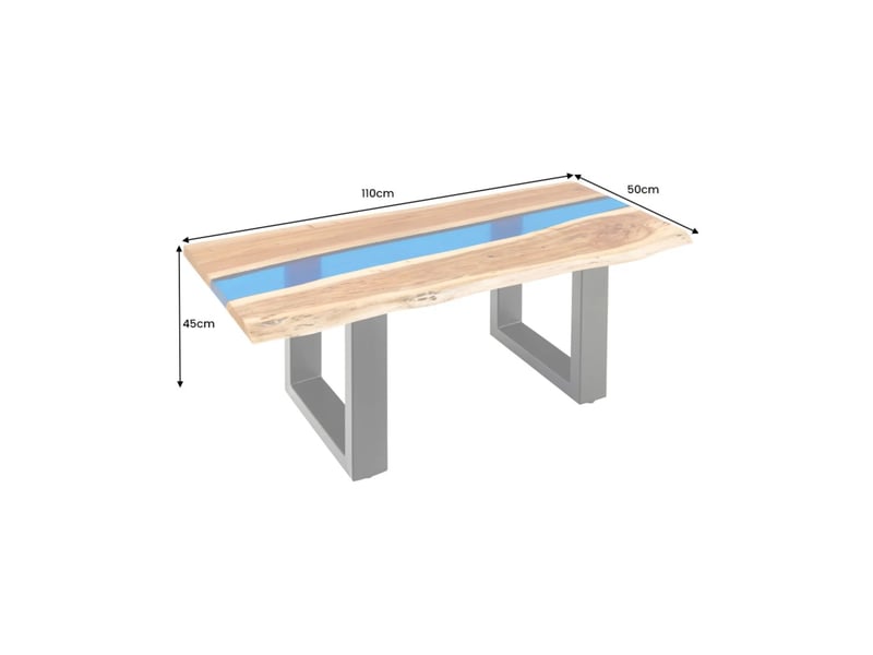  Table basse rectangulaire laguna en bois d'acacia massif et résine époxy bleue – design rivière avec pieds métal noir  - Conforama C