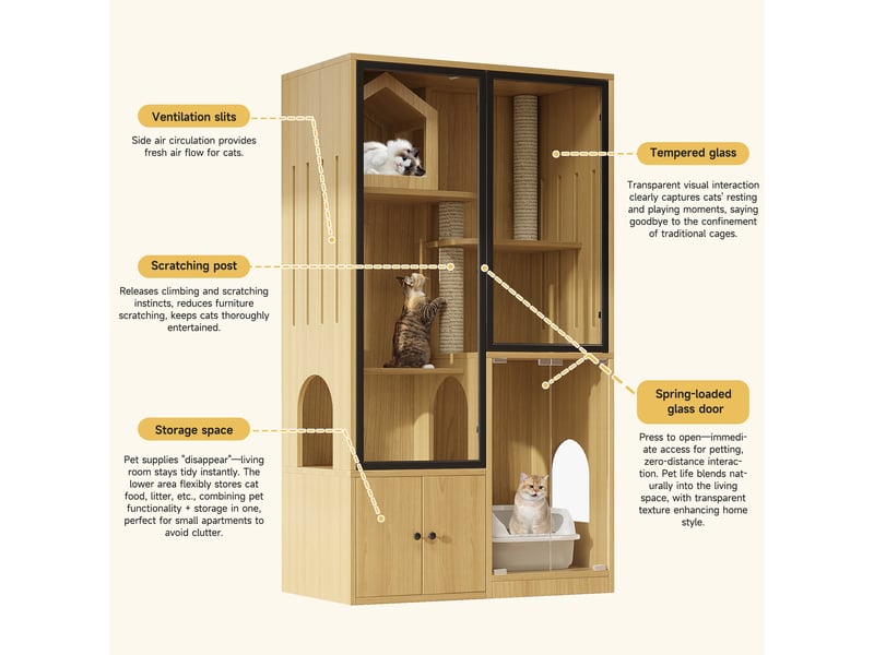  Meuble cache-litière multifonction, espace repos vitré avec rangement fermé, grande capacité, finition jaune érable  - Conforama E