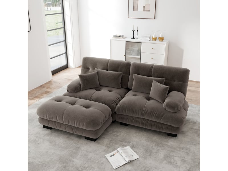  Canapé modulaire 220x145x81cm 2 places, assise profonde, meuble de salon, structure bois, revêtement chenille, marron  - Conforama B