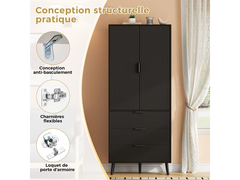  Meuble de cuisine muvano, armoire de cuisine haute noire en mdf, 2 portes et 3 tiroirs, 75 × 35 × 180 cm  - Conforama R