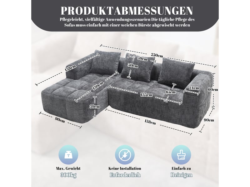  Canapé 3 places en chenille gris avec méridienne, 3 coussins et poches latérales intégrées  - Conforama C