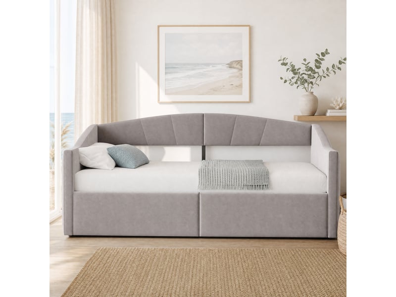  Lit banquette 90x200 cm avec rangement hydraulique en velours gris clair  - Conforama C