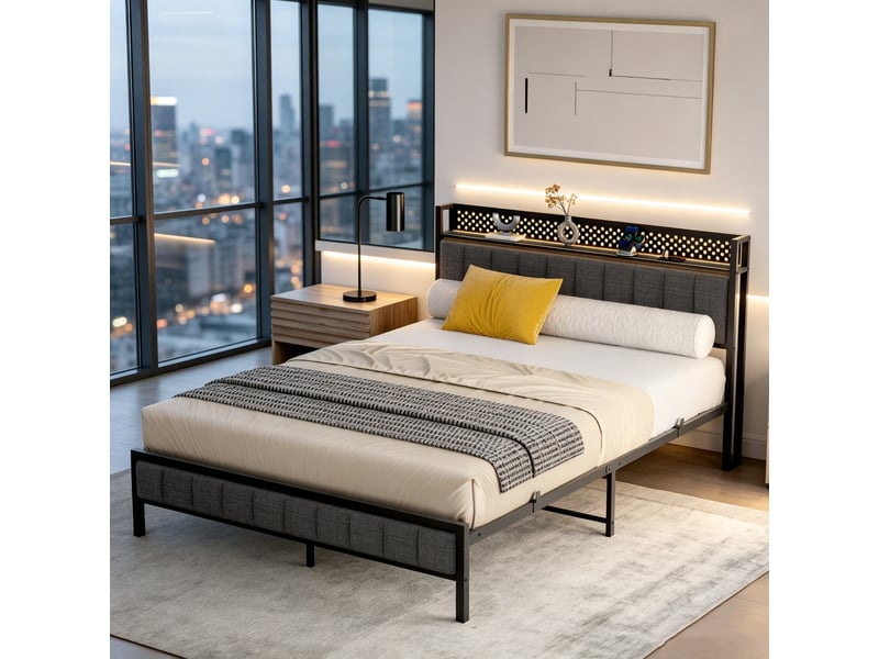  Lit 2 places en métal 140x200 cm avec rangement et ports usb, noir  - Conforama D