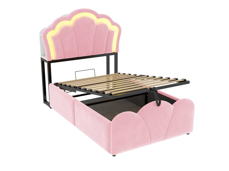 Lit rembourré pour enfant 90 × 200 cm, avec éclairage led, rangements intégrés, revêtement en velours,rose  - Conforama R