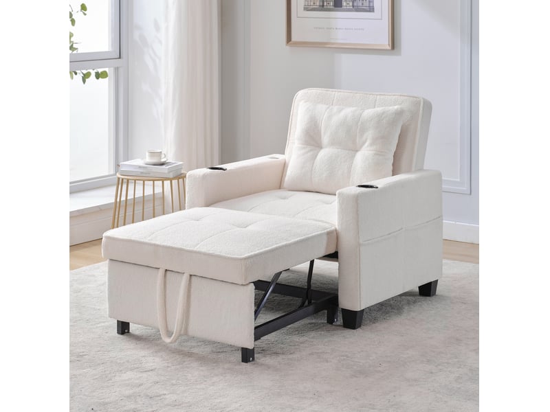 Fauteuil convertible 3 en 1 blanc avec porte-gobelets et port usb, dossier inclinable, couchage d’appoint 1 place - Conforama B