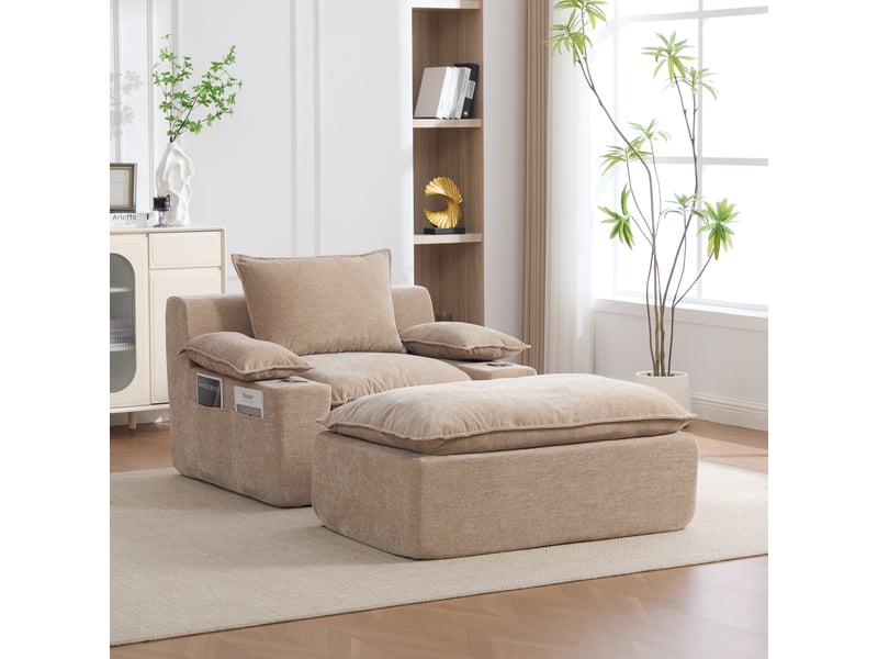  Chaise longue en chenille – 4 coussins – porte-gobelet – sans montage – kaki clair  - Conforama B