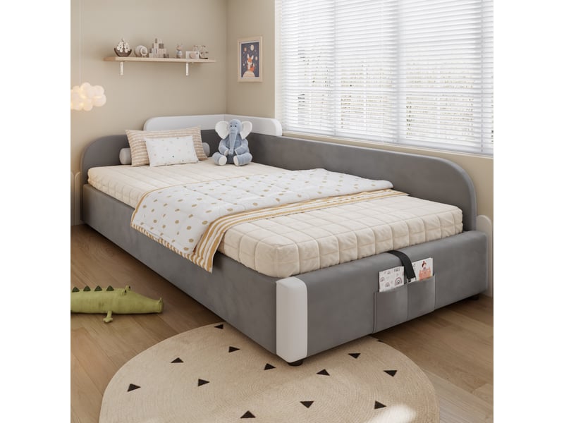  Lit coffre enfant 90x200 cm, lit capitonné une place avec sommier hydraulique et barrière de sécurité anti-chute, velours et contreplaqué doux, gris  - Conforama C