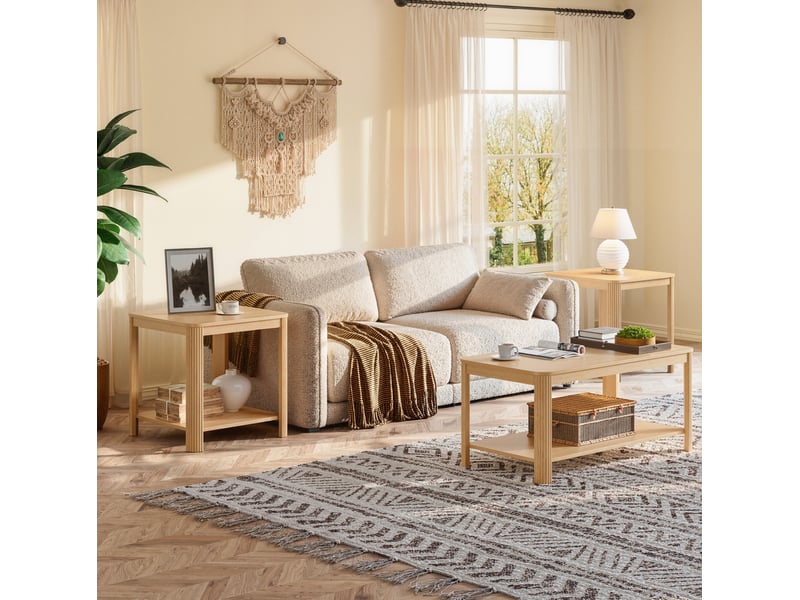  Table basse tcqpz rectangulaire 100 x 50 x 45 cm à 2 niveaux de rangement ouverte panneau de particules naturel  - Conforama E