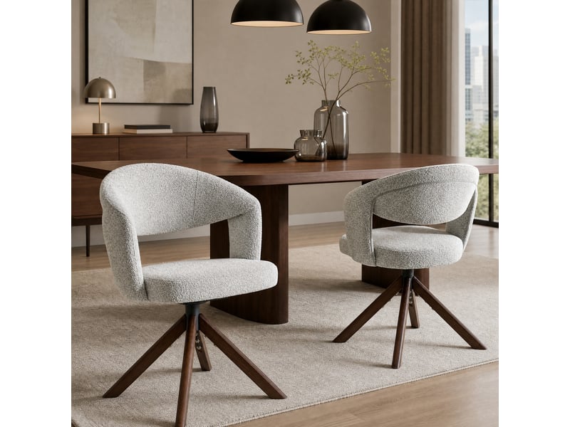 Lot de 2 chaises de salle à manger pivotantes 360° - dossier incurvé, pieds en bois massif, tissu gris clair - Conforama C
