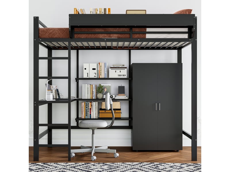  Lit superposé enfant en métal et bois noir 90x200cm avec bureau, armoire, rangements et échelle 5 marches  - Conforama C