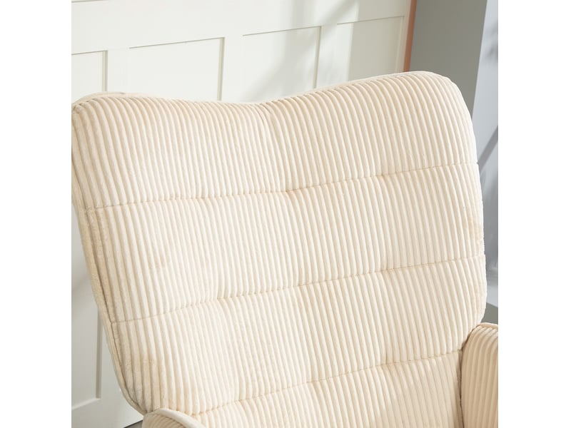  Fauteuil à bascule relax avec dossier haut capitonné et accoudoirs, piètement en bois de hêtre, velours côtelé beige  - Conforama E
