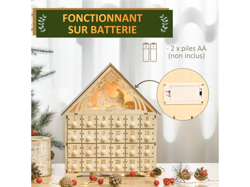  Calendrier de l'avent à remplir en bois, 26,6x6x30cm, décoration de noël avec 24 tiroirs et 5 lumières led, bois naturel  - Conforama W