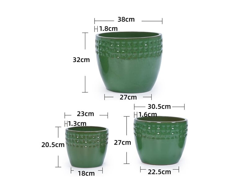  Lot de 3 pots de fleurs en céramique ø 38,130,522,9 cm – vert clair antique – trou de drainage intégré  - Conforama C