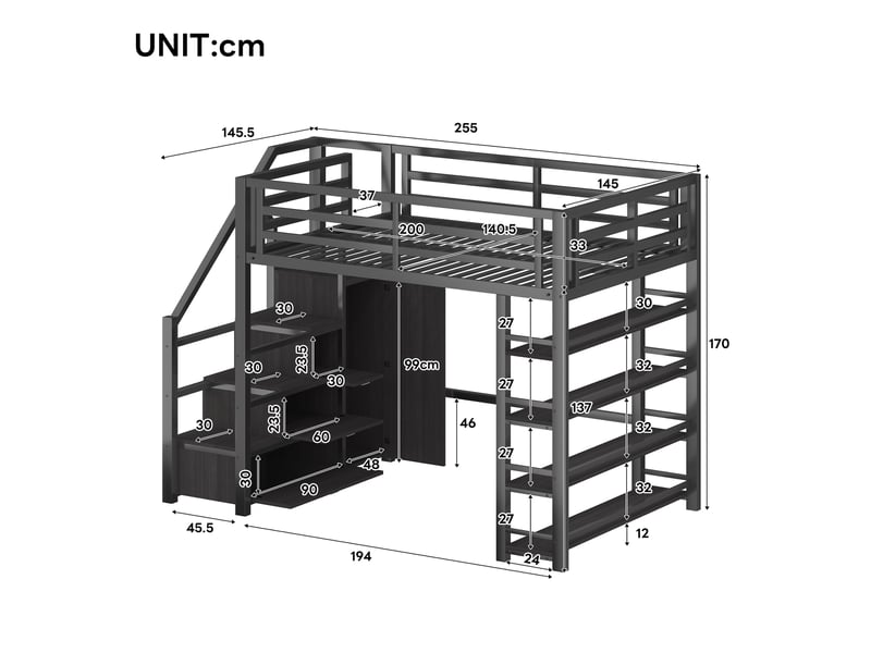  Lit mezzanine double 140×200 cm avec led réglable, étagères et armoire  - sans matelas, métal noir  - Conforama D