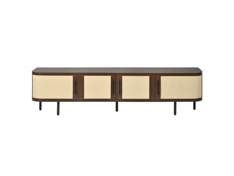  Meuble tv 180x40x45 cm, 4 portes, façades effet tressé, pieds en fer, mdf, noyer Fay Lum - Conforama E