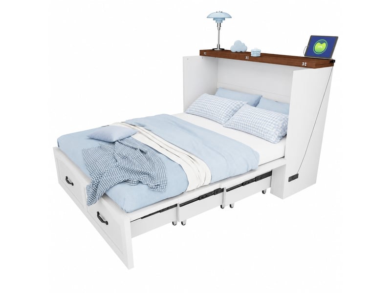  Lit double 140 × 200 cm escamotable avec rangement, prise européenne et roulettes silencieuses pour chambre  - Conforama A