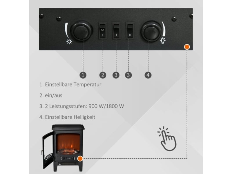 Cheminée électrique led noire 9001800 w avec effet flammes, sur pied - Conforama D