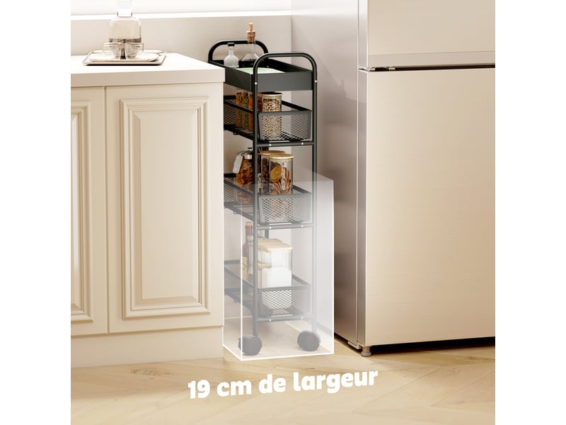  Chariot de rangement à 4 niveaux, desserte à roulettes, panier supérieur 19 x 43,2 x 80 cm noir, 3 paniers coulissants  - Conforama R