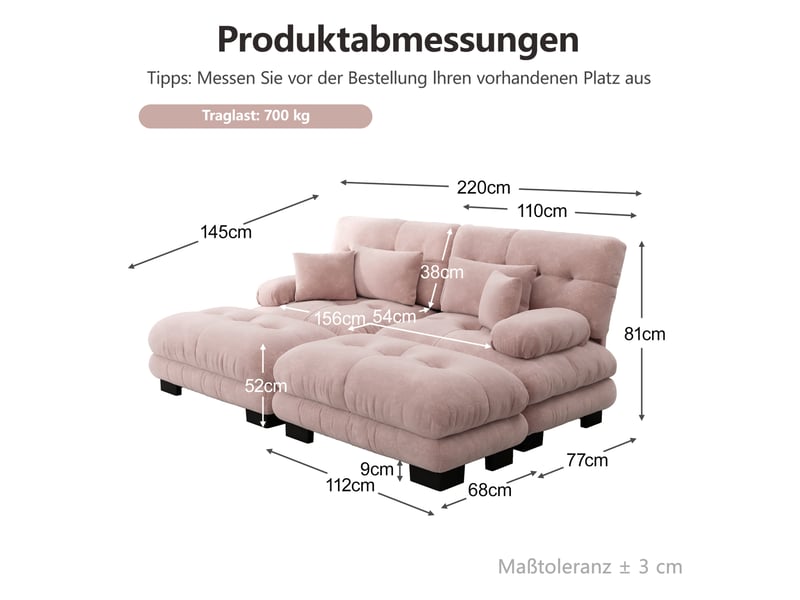  Canapé d'angle modulaire 220x145x81 cm 2 places, rose, avec coussins et 2 ottomans  - Conforama C