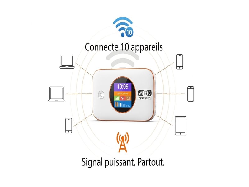  Routeur 4g lte mobile wifi 6 300 mbps – hotspot portable de poche batterie 3000 mah autonomie 10h, écran lcd couleur, 10 appareils connectés europe et asie – blanc et orange  - Conforama B