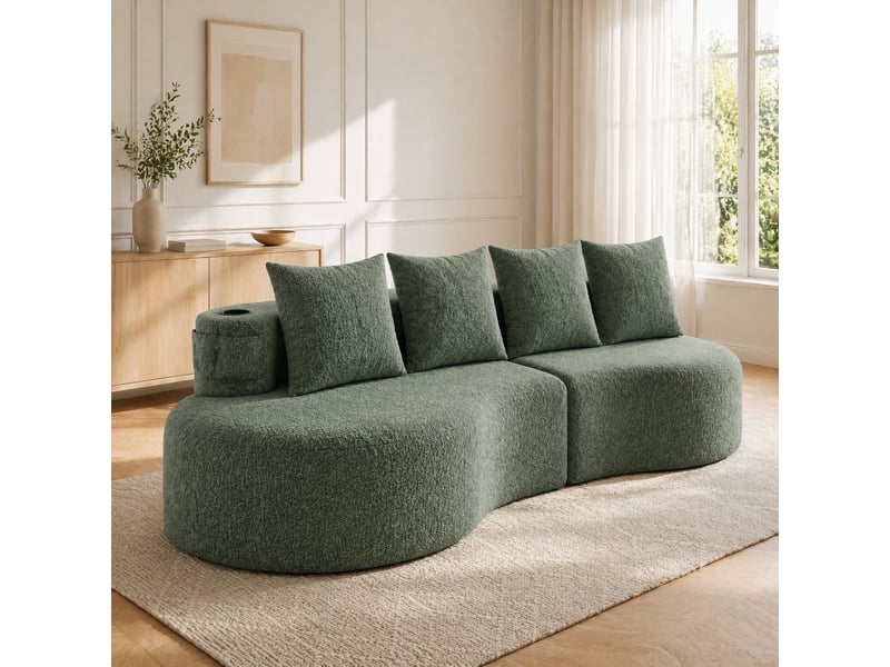  Canapé 4 places vert en lin avec 4 coussins, porte-gobelet et poches latérales  - Conforama C