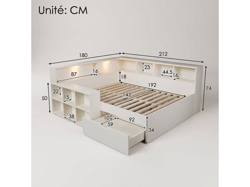  Lit 140x190 cm avec rangement, lit double en bois blanc avec lampes et tiroirs  - Conforama C