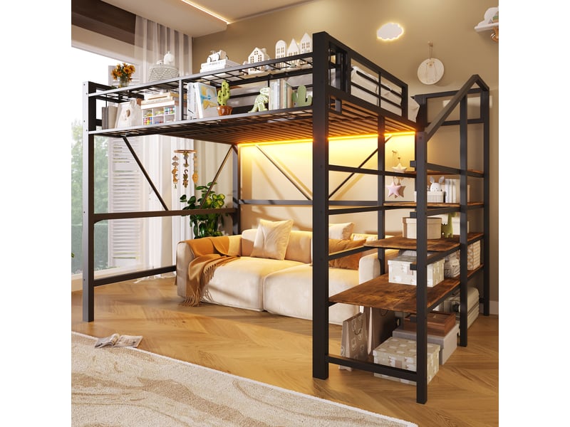  Lit mezzanine 140 x 200 cm en métal, étagère escalier, grille, panier, led, sans matelas, noir  - Conforama D