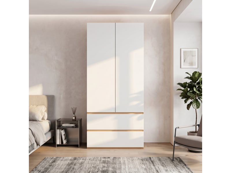  Armoire 2 portes 90 x 50 x 200 cm – blanc et décor chêne – penderie, 2 tiroirs et rangement haut intégré  - Conforama B