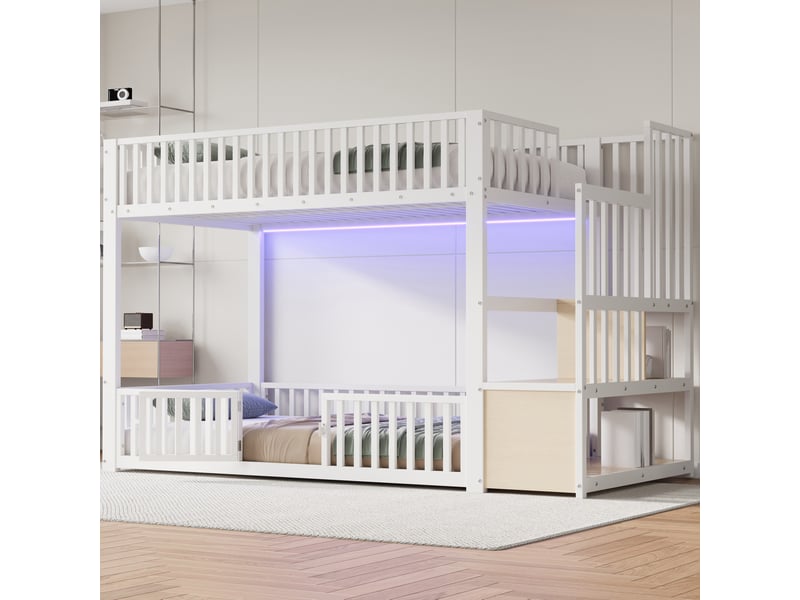  Lit superposé 90 x 200 cm, escalier avec rangement, éclairage led, blanc Bliss Lite - Conforama E
