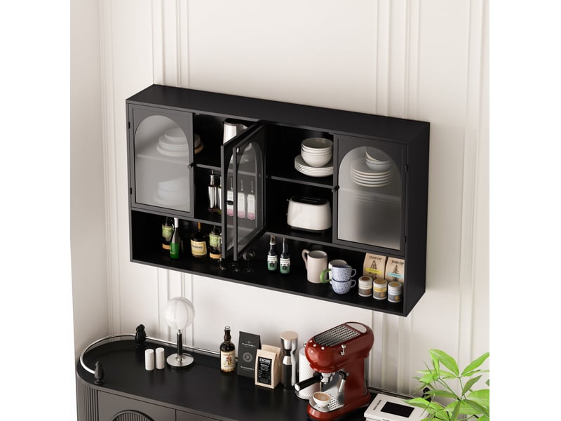  Armoire murale 120 cm, 4 portes, rangement vertical, pour cuisine, salon et salle de bain, en métal noir et verre gris  - Conforama E