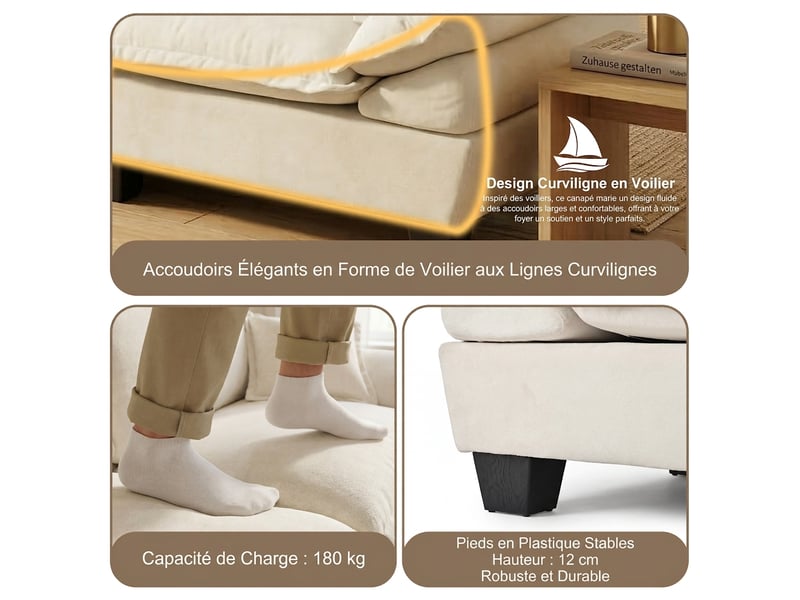  Canapé d'angle modulable en l beige 263 cm avec ottomane amovible et revêtement chenille  - Conforama W