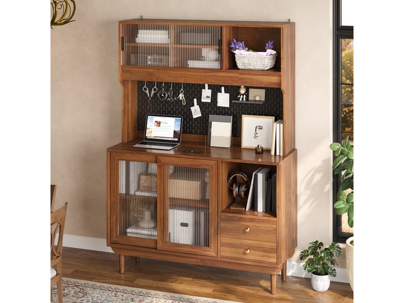  Buffet haut cuisine 117x30x170 cm avec portes vitrées rainurées, panneaux perforés, tiroirs et rangements ouverts, meuble rangement mdf-noyer  - Conforama E