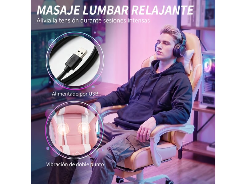  Fauteuil de jeu avec massage lombaire, vibration, inclinaison à 155°, hauteur réglable, appui-tête et repose-pieds rétractables, rose  - Conforama E