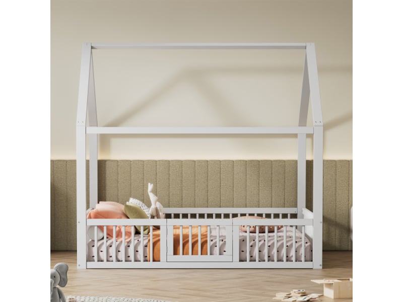  Lit enfant 140x200cm, lit cabane, avec barrière de protection, lit double, pin blanc, sans matelas  - Conforama B