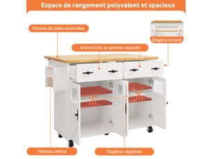 Îlot central de cuisine extensible blanc, rangement, portes vitrées, roulettes, étagères réglables, solide,mdf,140x45（73）x93.5cm