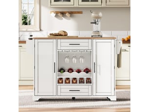 Îlot de cuisine blanc et naturel 120 × 4570 × 92 cm en mdf, plateau rabattable, casier à vin, porte-verres et range-épices