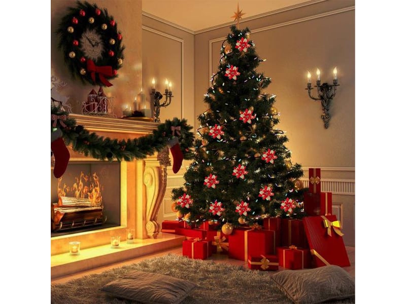  Poinsettias - fleurs artificielles noël - décor festif porte arbre table - 12 pièces - rouge - 14,5 x 14,5 cm - plastique  - Conforama D