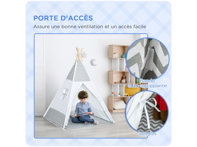  Tente teepee indien tente de jeu pour enfant style graphique - dim. 1,2l x 1,2i x 1,55h m - à l'intérieur à l'extérieur gris blanc - porte refermable fenêtre tapis coussin sac transport inclus  - Conforama E