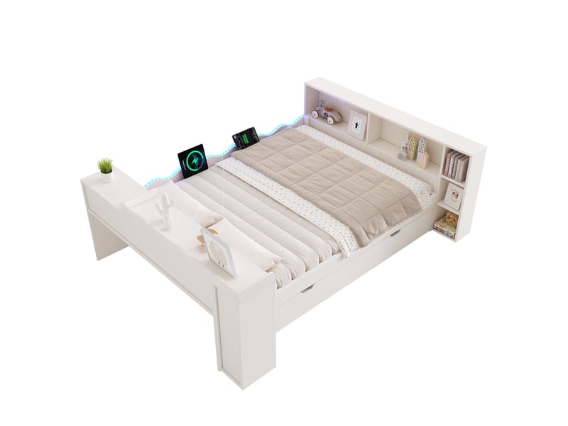  Lit gigogne 140x200 cm avec couchage 90x190 cm, rangements et led, blanc  - Conforama A