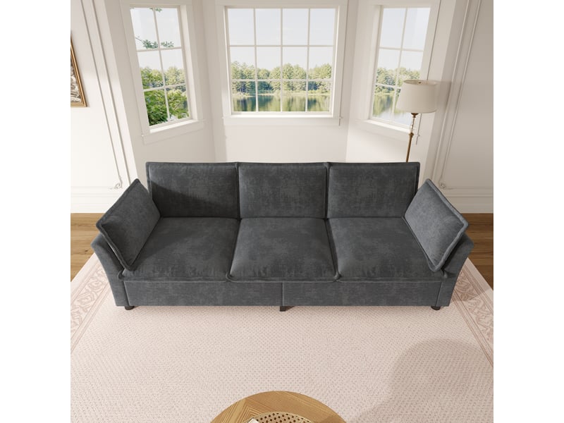 Canapé modulable 3 places 220x81x87 cm, canapé salon effet nuage avec cadre en métal et 2 coussins d'accoudoirs, chenille, gris - Conforama D