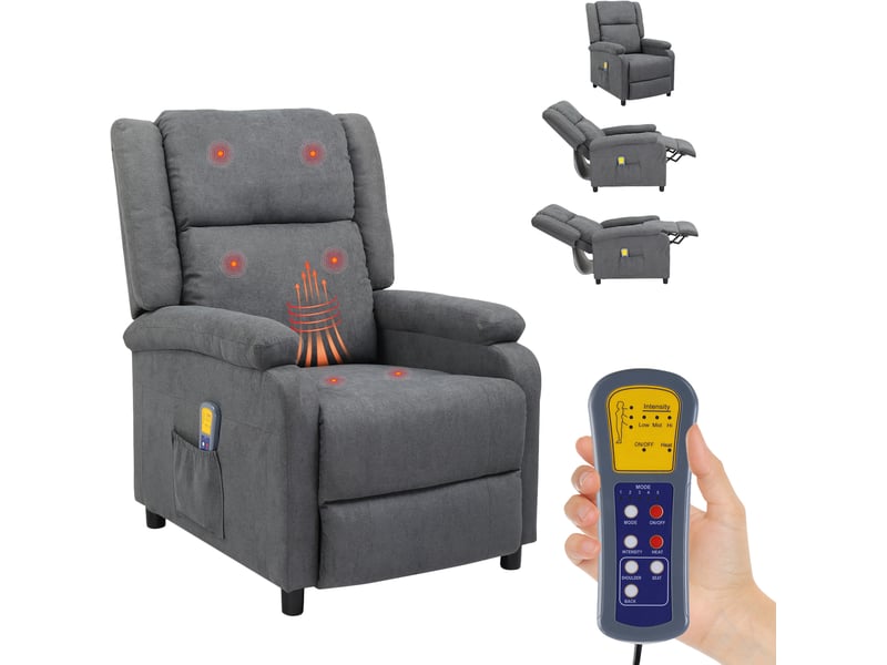 Fauteuil Relax électrique Massant - Fonction Inclinaison Et Vibration - Repose-pieds - Tissu Gris - Assistance Levage