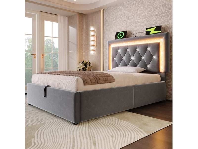  Lit coffre, 90x200 cm, coffre de rangement, avec led intégrée, usb et type c, matelas inclus, velours, coloris gris  - Conforama D