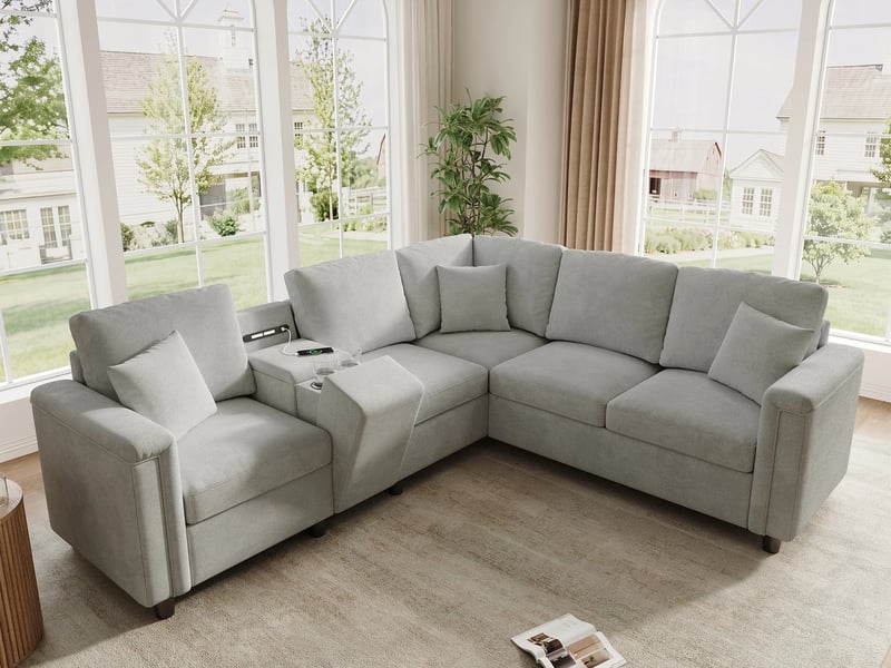 Canapé d'angle modulaire,5 places, avec porte-gobelets, ports de charge usbtype-c,235 × 208 × 83 cm,gris - Conforama B